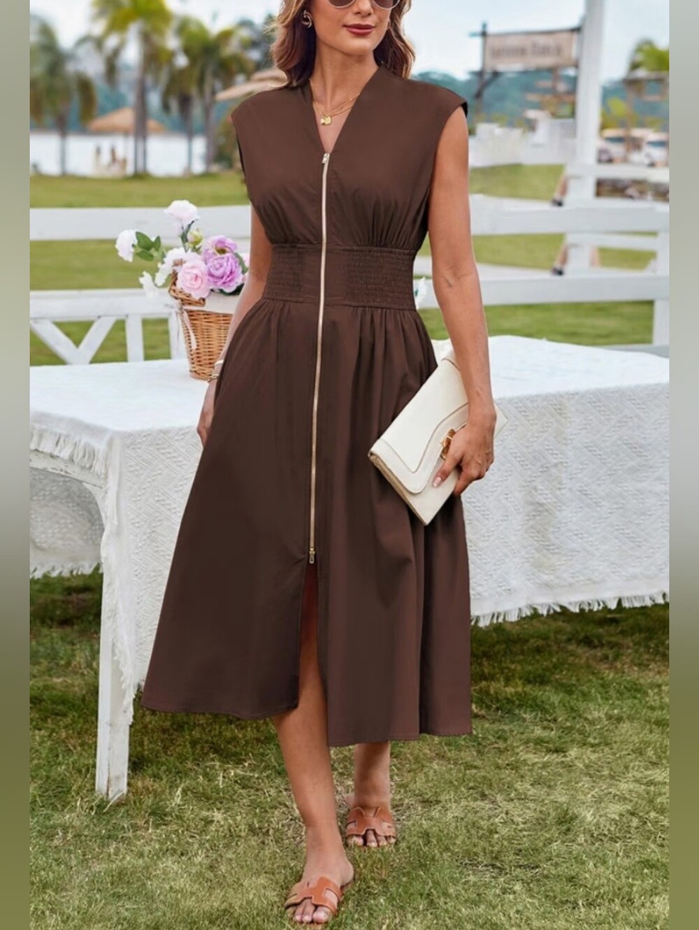 Grace Karin Brown Zip Front Casual Dress